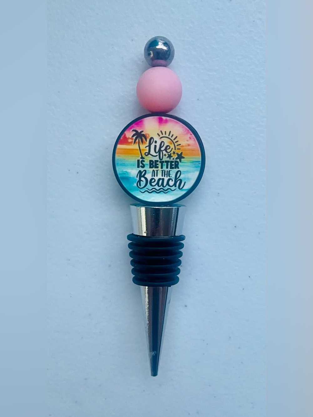Life Is Better At The Beach Wine Bottle Stopper - Pink & Rainbow